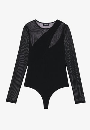 Body nero con maniche lunghe in rete trasparente, caratterizzato da un design aderente, scollatura tonda e un corpo in tessuto liscio e morbido.