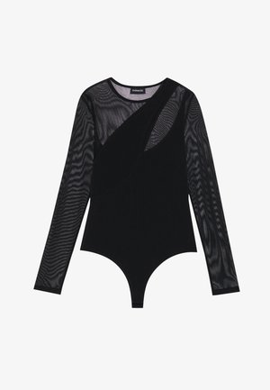 Sort bodysuit med lange, gennemsigtige meshærmer, der har en tætsiddende design, rund halsudskæring og en strømlinet, glat stofkrop.