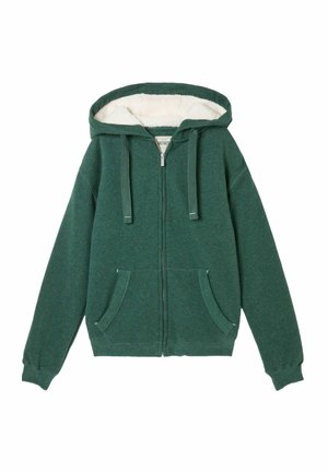 Green zip-up hoodie made of soft fleece material. Features a lined hood, front pockets, and ribbed cuffs. Simple design with no patterns.