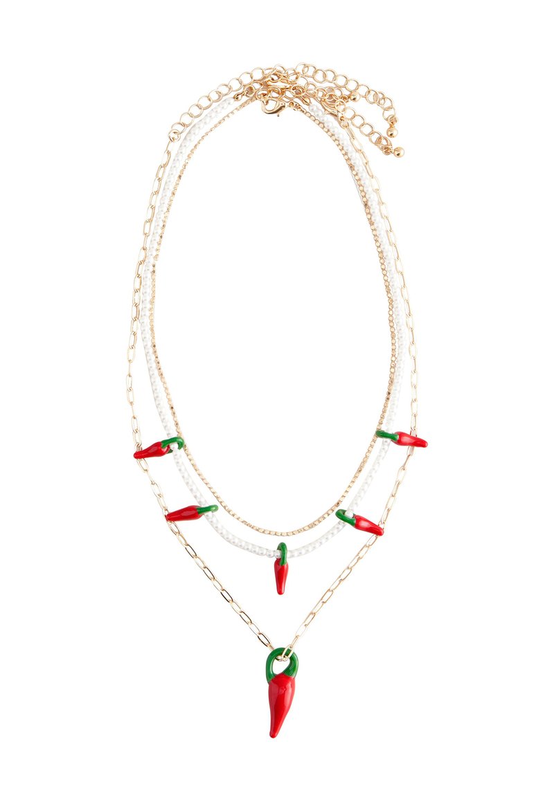 Gold-tone layered necklace featuring red and green chili pepper accents, with white beads and a textured chain design.