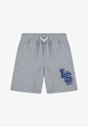 Pantalones cortos de algodón gris con cintura elástica ajustable. Presentan un logo bordado "LS" en azul marino en el lado izquierdo. Textura suave.