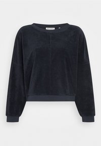 Sudadera recortada azul marino de tejido suave, con cuello redondo, mangas largas y puños y dobladillo de canalé. Sin patrones ni acentos visibles.