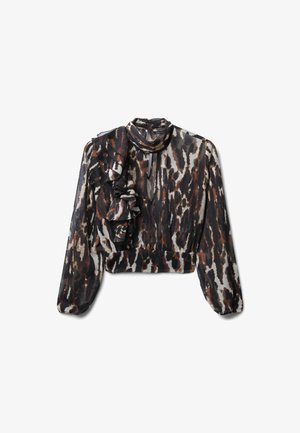 Langärmlige, cropped Bluse aus durchsichtiger Stoff mit einem tierischen Muster in Schwarz, Braun und Beige. Verfügt über eine gerüschte Front und einen hohen Kragen.