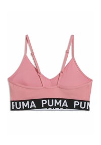 Ροζ αθλητικό σουτιέν με ρυθμιζόμενους ιμάντες και μαύρη ελαστική ταινία που φέρει επαναλαμβανόμενο λευκό λογότυπο Puma.