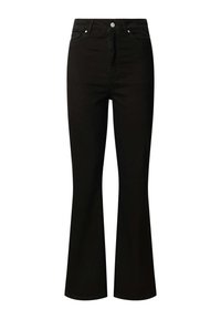 Jean noir taille haute avec une taille ajustée et des jambes évasées, doté de poches avant et d’une fermeture à bouton argenté.