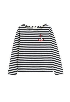 Chemise à manches longues, à rayures bleu marine et blanches, avec un col rond et un motif d'ancre rouge et de Snoopy sur la poitrine gauche. En coton.