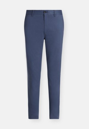 Pantaloni chino in cotone blu scuro con vestibilità slim, dotati di chiusura con bottoni, tasche anteriori e texture liscia e uniforme.