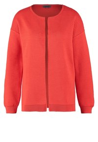 Korallfärgad cardigan med ribbad textur, öppen framsida, långa ärmar och rund halsringning. Designad för en avslappnad passform.