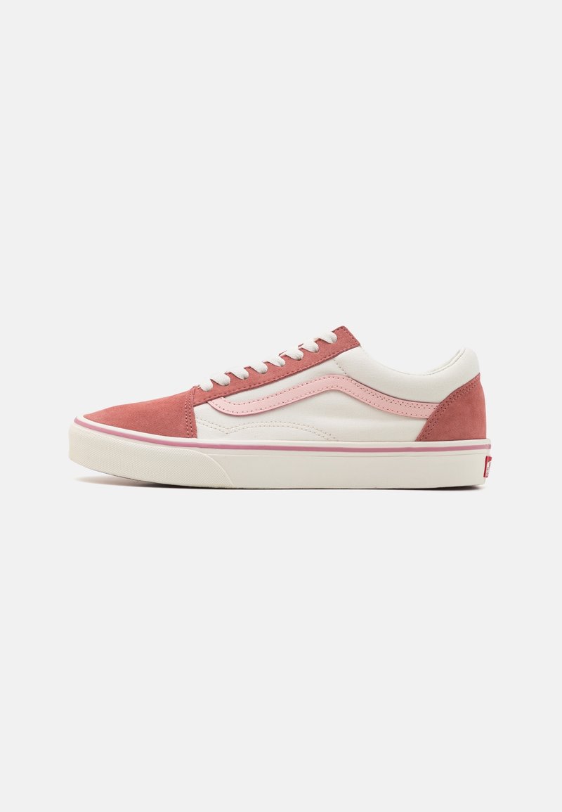 Low-top sneakers med en överdel i rosa och vit mocka samt canvas, med en gummisula och kontrasterande rosa detaljer på sidorna.
