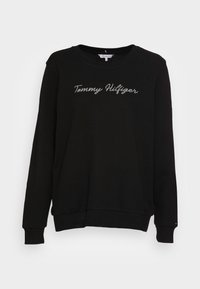 Czarny sweter z długim rękawem, okrągłym dekoltem, ściągaczami przy rękawach, z haftowanym logo "Tommy Hilfiger" w srebrnej nici.