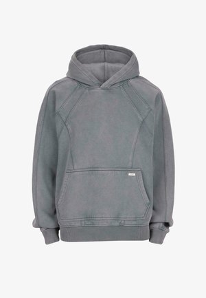 Felpa grigia con cappuccio, con tasca frontale a marsupio, polsini e orlo in costina, e dettagli di cucitura su sfondo bianco.