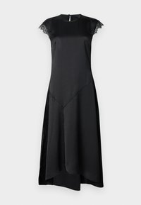Svart kjole med korte ermer, glansfull satengfinish, tettsittende bodice, asymmetrisk avslutning og delikate blonder detaljer ved ermene.