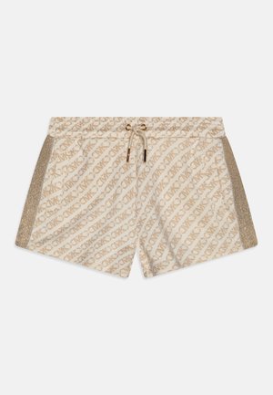 Pantaloni corti beige con un motivo a logo ripetuto, vita elasticizzata con cordino e accenti laterali in oro metallizzato.