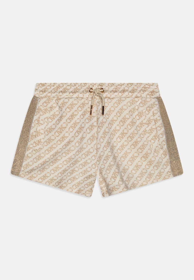 Beige shorts med et gjentakende logomønster, elastisk midjebånd med snor, og metallisk gyldne sideaksenter.