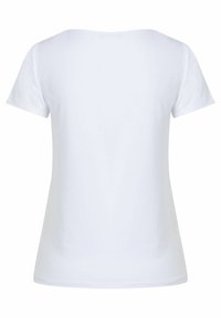 Camiseta blanca de manga corta mostrada desde la parte de atrás, con un cuello redondo y una cintura ligeramente ajustada.