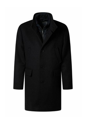 Cappotto in lana nera con scollo a collare, tre bottoni frontali e due tasche laterali. Presenta una fodera interna trapuntata per un maggiore calore.