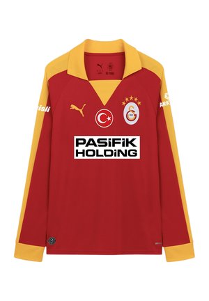 Rood-geel Galatasaray voetbalshirt met lange mouwen, voorzien van het Puma-logo, de Turkse vlag, het clubwapen en de sponsor Pasifik Holding aan de voorkant.