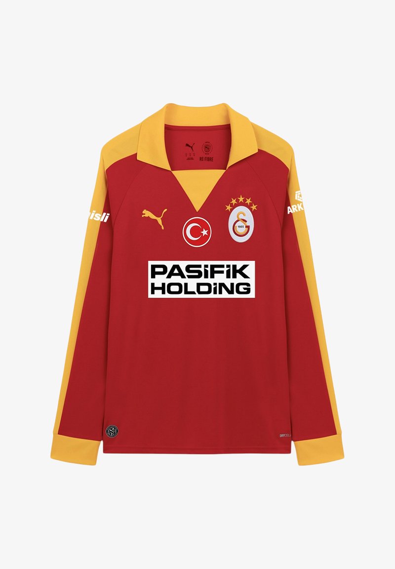 Rotes und gelbes langärmeliges Galatasaray-Fußballtrikot mit Puma-Logo, türkischem Flaggenemblem, Vereinswappen und Pasifik Holding Sponsor auf der Vorderseite.