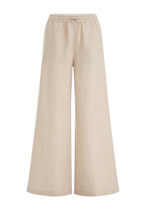 Beige bukser med vide ben, elastik i taljen og snøre, letvægtsstof, afslappet og løs pasform.