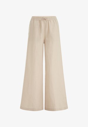 Pantaloni beige a gamba larga con elastico in vita e coulisse, tessuto leggero, vestibilità casual e ampia.