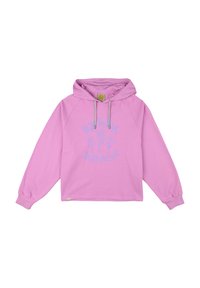 Sweat à capuche rose en coton doux, doté d'une graphique frontale avec du texte et des fleurs, cordon de serrage ajustable et poignets côtelés.