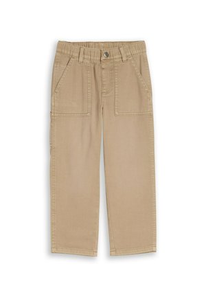 Beżowe bawełniane spodnie z elastycznym pasem, z przodu zapinane na guzik, z szlufkami na pasek oraz dwoma dużymi naszywanymi kieszeniami z przodu.
