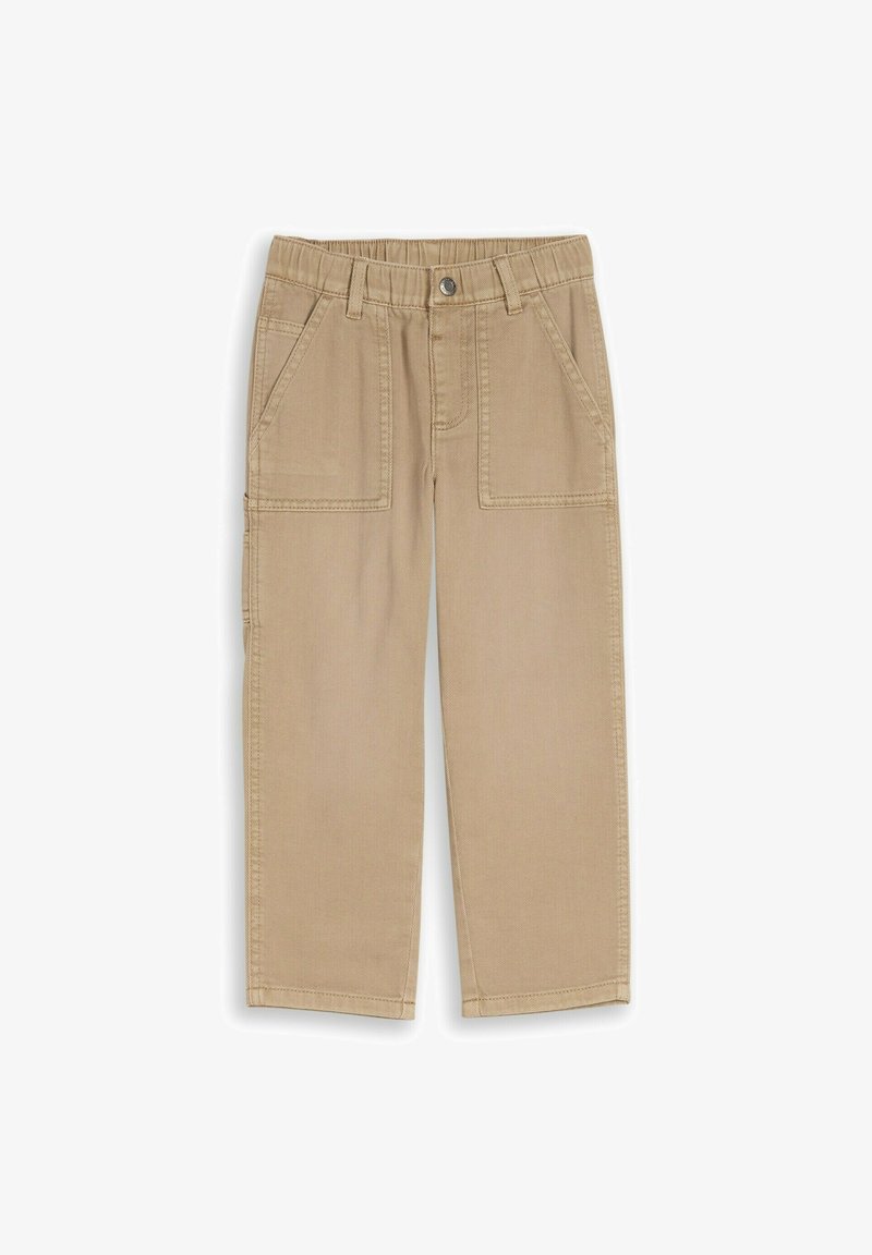 Beežid puuvillased püksid elastse vöökohaga, ees nööbiga, vööaasadega ja kahe suure esiosa taskuga.