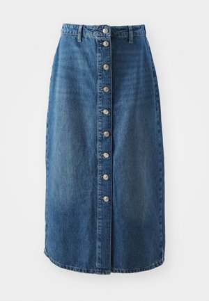 Jupe en denim avec une coupe mi-longue, dotée d'une fermeture à boutons sur le devant, de cinq boutons et d'un ourlet légèrement courbé. Couleur : bleu foncé.