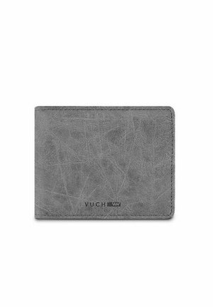 Gray leather wallet with a textured finish, slim rectangular shape, rounded edges, and embossed "VUCH" logo on the front.