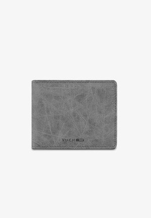 Gray leather wallet with a textured finish, slim rectangular shape, rounded edges, and embossed "VUCH" logo on the front.
