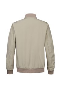 Lichtbeige jas met een geribde kraag en manchetten, met een gladde textuur en eenvoudig ontwerp. Geen zichtbare hardware of patronen.