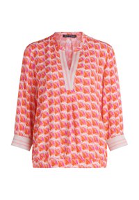 Blusa a manica lunga in un vivace motivo geometrico rosa e arancione. Presenta un collo a V e polsini a righe. Realizzata in tessuto leggero.