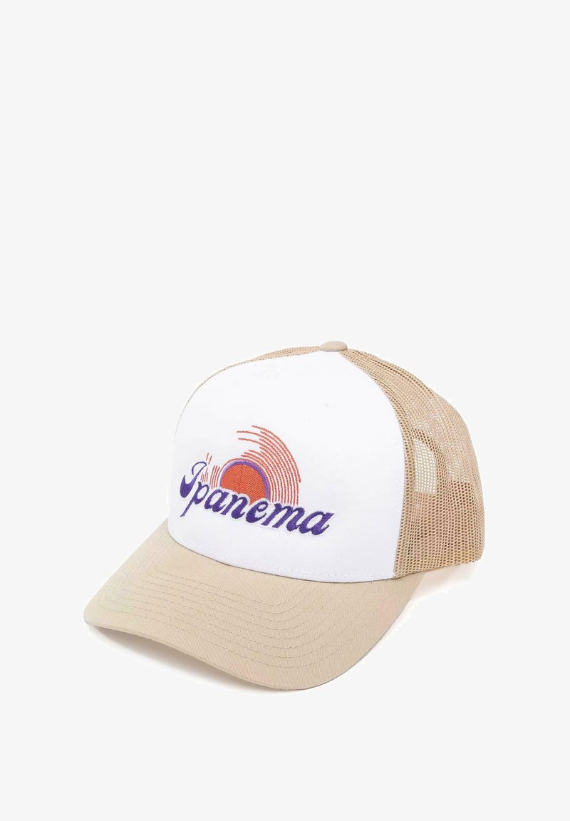 Trucker cap with a white front, beige mesh sides, and a curved brim. Features "Ipanema" embroidered in purple with a sun graphic.