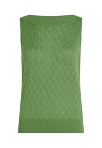 Top senza maniche verde in maglia con motivo a rombi, colletto e orlo a coste, realizzato in materiale leggero e con una texture uniforme.