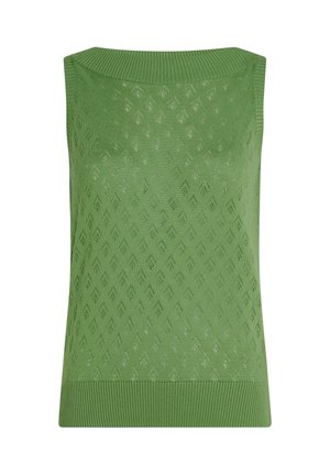 Groene mouwloze gebreide top met een ruitpatroon, geribbelde halslijn en zoom, gemaakt van lichtgewicht materiaal, met een uniforme textuur.