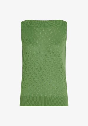 Green sleeveless knit top with a diamond pattern, ribbed neckline and hem, made from lightweight material, featuring uniform texture.
