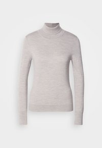 Pull à col roulé gris clair à manches longues avec une coupe ajustée et des bords-côtes aux poignets et à l'ourlet, sur fond blanc.