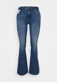 Jeans de lado flared em azul escuro feitos de denim, com um design clássico de cinco bolsos, detalhes desbotados e fecho de correr com botão.