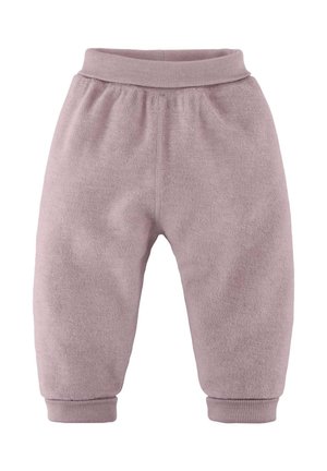 Zachte roze fleece babybroek met elastische tailleband en geribde boorden bij de enkels, afgebeeld tegen een witte achtergrond.