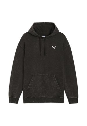Black faded hoodie with front kangaroo pocket and white Puma logo on left chest, flat lay on white background.