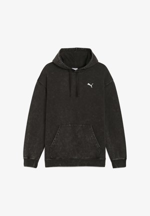 Black faded hoodie with front kangaroo pocket and white Puma logo on left chest, flat lay on white background.