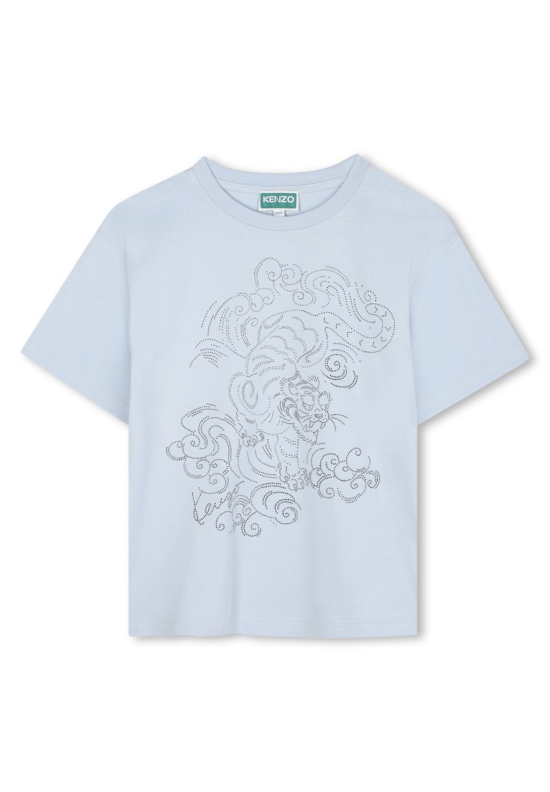T-shirt en coton bleu clair à manches courtes et col rond. Présente un graphisme d'un tigre et des nuages tourbillonnants dans un design gris à pois.