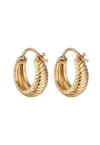 Guld hoops øreringe med et snoet ribbet design, der har en hængsel-lukning og en glat inderside. Minimalistiske og teksturerede detaljer.