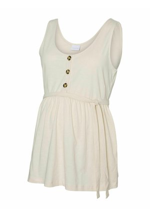 Ljusbeige ärmlös topp med rundad neckring, som har fem dekorativa knappar och ett knäppt midjebälte för en figursydd stil. Mjuk tygtextur.