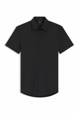 Chemise noire à manches courtes avec boutons, col pointu, ourlet droit et étiquette BOSS à l'intérieur de l'encolure.