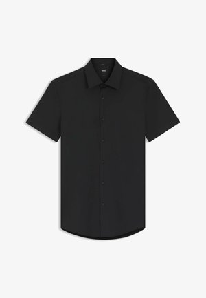 Musta lyhythihainen nappipaita, jossa terävä kaulus, suora helma ja BOSS-etiketti kaula-aukon sisäpuolella.