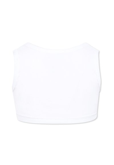 Top corto bianco in un tessuto morbido e elastico. Presenta un'ampia scollatura rotonda e ampie aperture per le braccia, ideale per il comfort e per essere sovrapposto.
