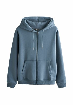 Blå hættetrøje med lynlås, snore, forlommer og ribstrikkede manchetter og kant.