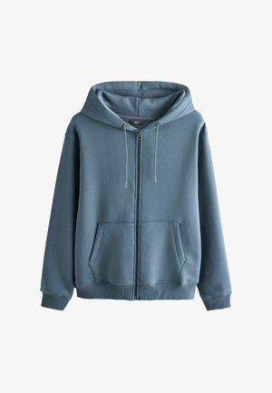 Hanorac albastru cu glugă și fermoar, cu șnururi de ajustare, buzunare tip cangur în față și manșete și tiv striate.