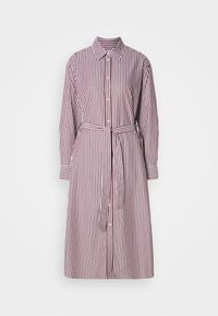 Abito camicia a righe in bordeaux e bianco. Presenta maniche lunghe, vita con cintura e un taglio dritto con colletto.